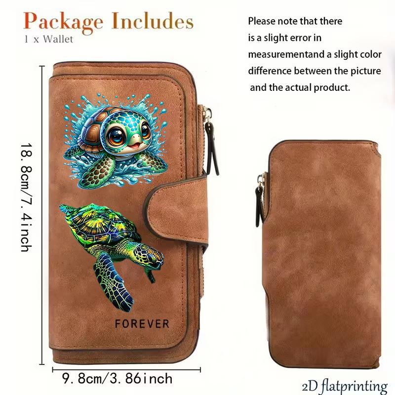 Gift for Women Turtle Print Long Zipper Wallet Tri Fold Card Holder with Multiple Card Slots Cash ID Credit Card Organizer Cute Purse Clutch for