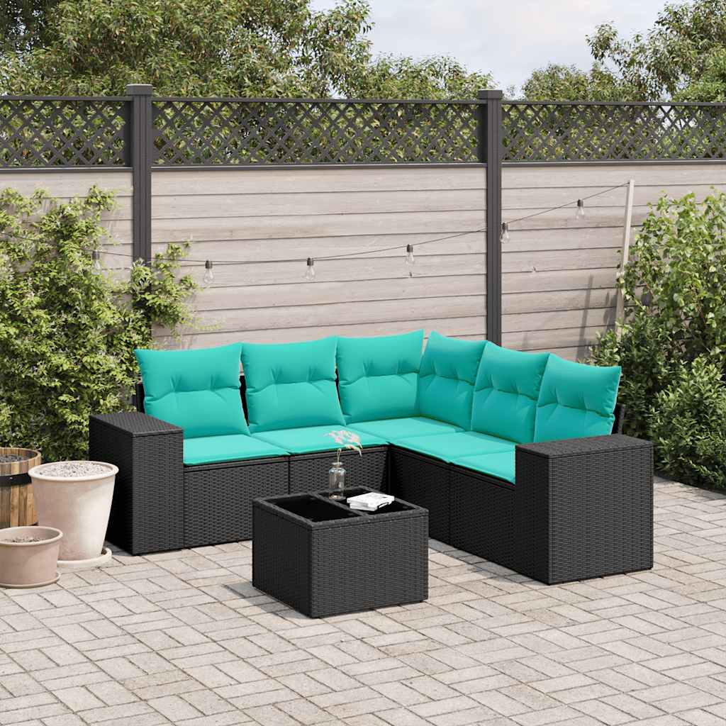 6 Piece Garden Sofa Set with Cushions Black Poly Rattan
