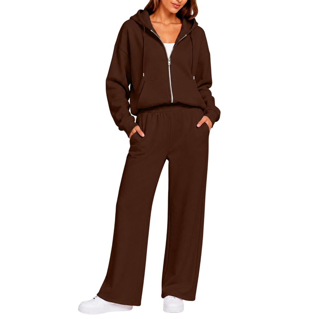 Completo Casual da Donna a Due Pezzi con Cardigan con Zip e Cappuccio e Pantaloni a Gamba Larga