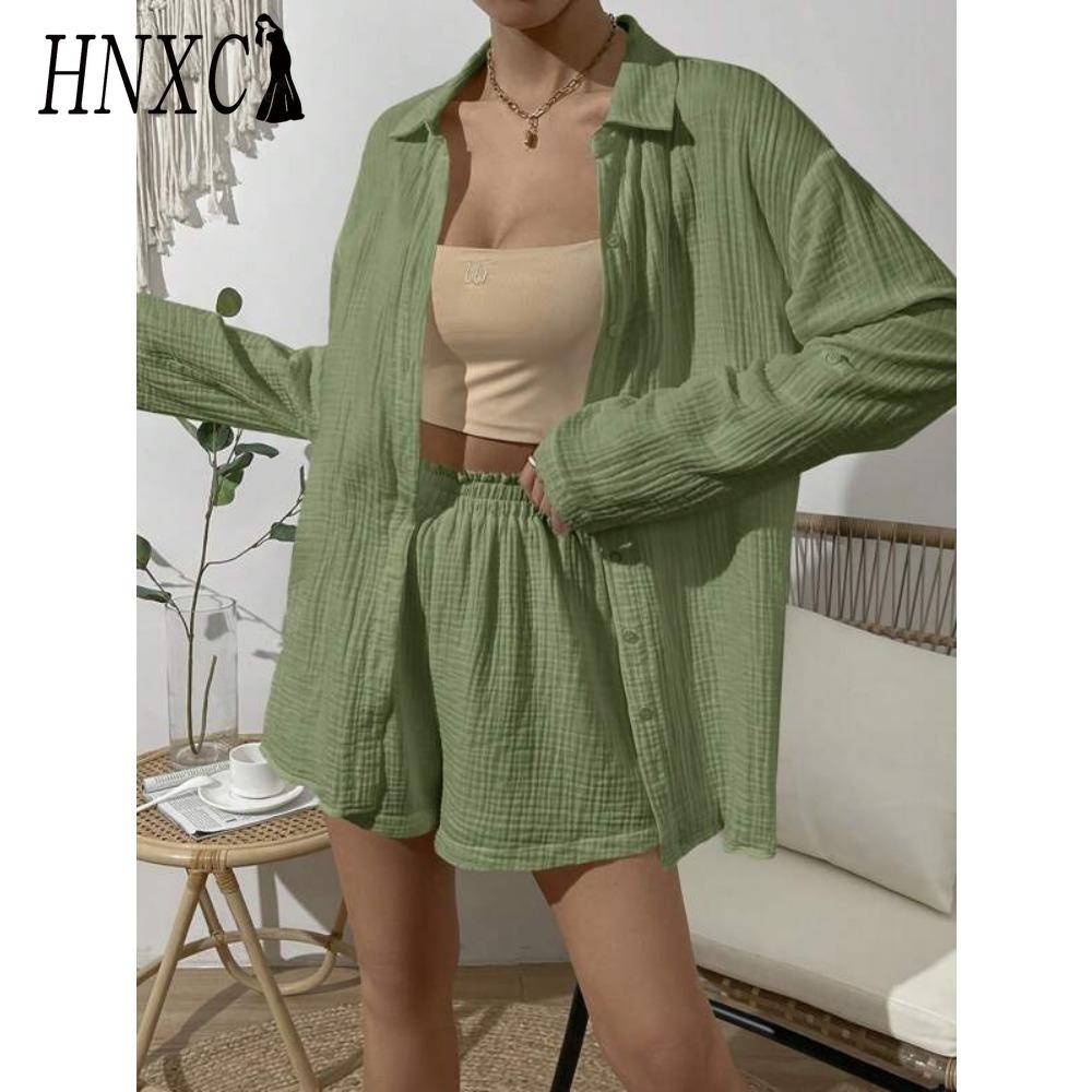 HNXC Damen Frühling und Sommer Mode Einfarbig Langarmhemd Anzug Damen Lässig Locker Shorts Zweiteiliges Set