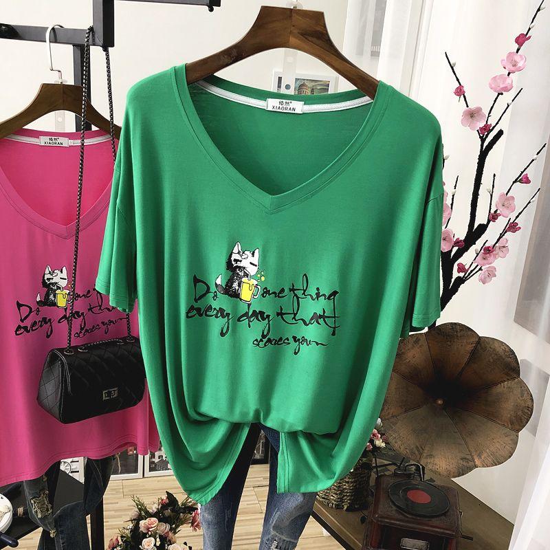 

Летняя тонкая прохладная футболка из ледяного шелка свободного кроя большого размера с V-образным вырезом, женская, с коротким рукавом, трендовый стиль, топы, модная, трендовая Avocado green 2XL