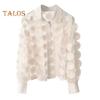 Women Summer Chiffon Shirt Lapel Lantern Long Sleeve Shirt Tops 3D Floral Print Semi-Sheer Mesh Splicing Single Breasted Blouse