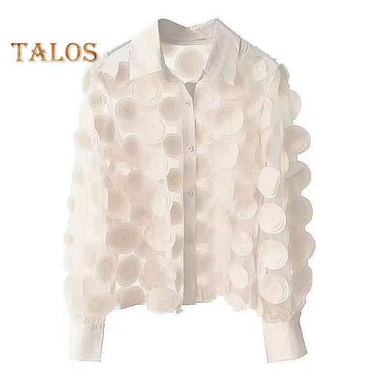 Women Summer Chiffon Shirt Lapel Lantern Long Sleeve Shirt Tops 3D Floral Print Semi-Sheer Mesh Splicing Single Breasted Blouse