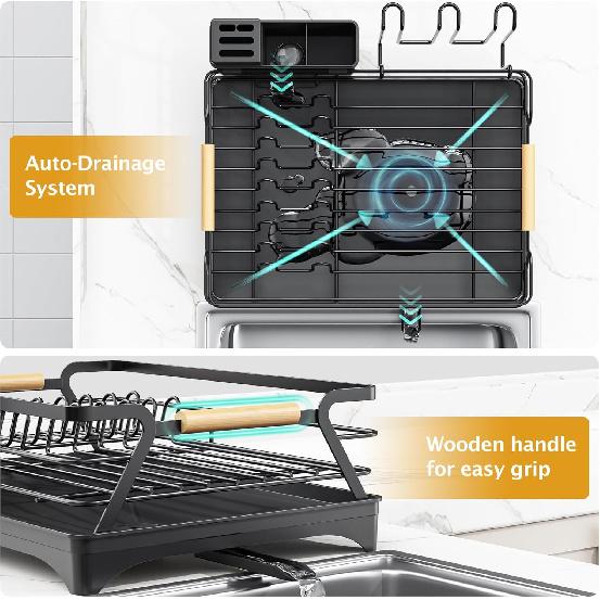Epicano Dish Drying Rack for Kitchen Counter,Space-Saving Dish Rack,Rustproof Dish Drainer with Utensil Holder and Knife Slots for Sink,Kitchen