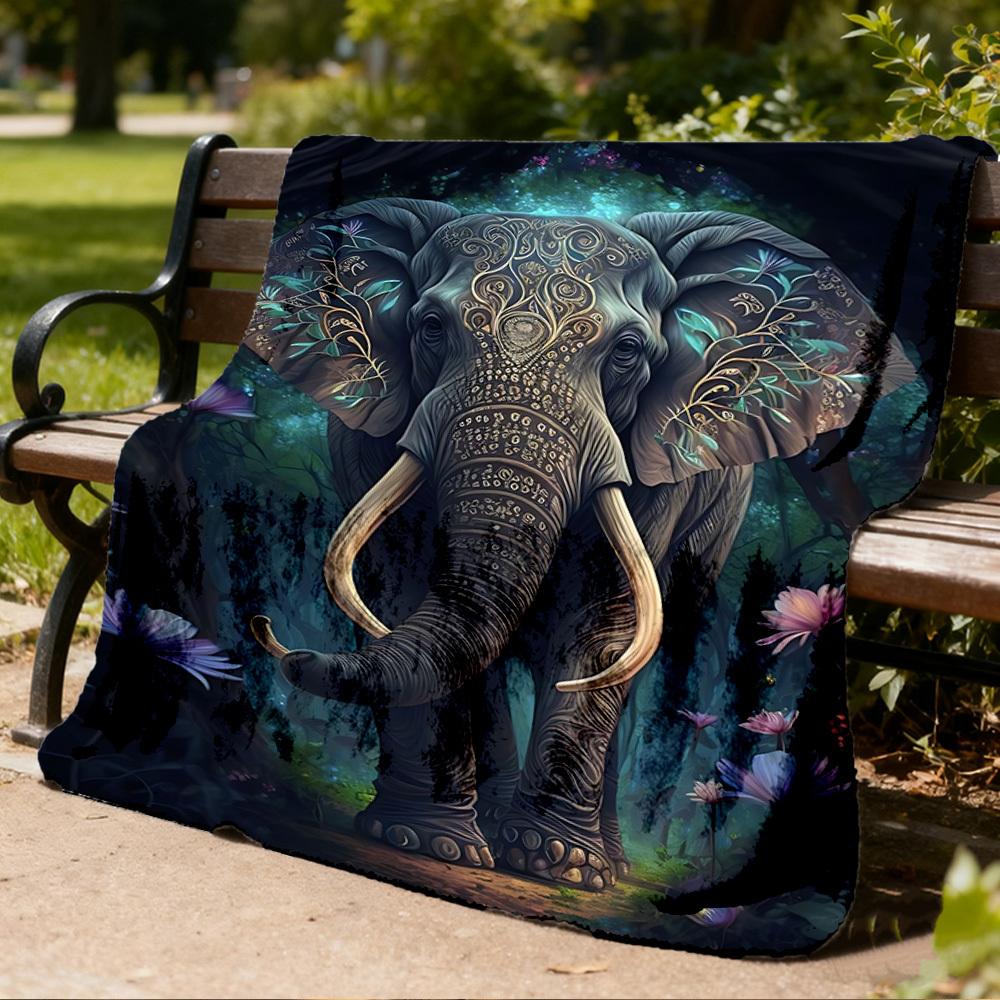 1pc Ornate Elephant Design Throw Blanket Polyester Fiber, Lightweight Flannel, Soft & Warm, All Season Use for Outdoor, Camping Digital Print