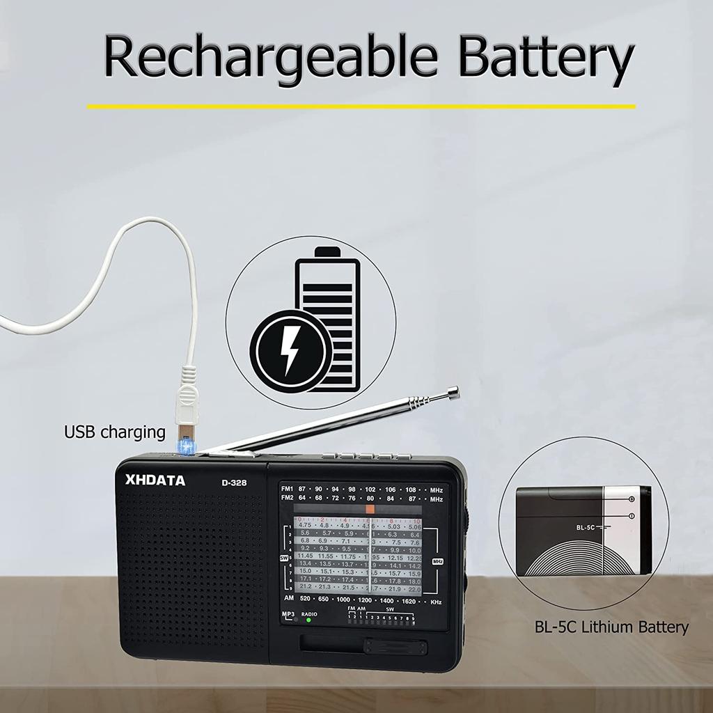 XHDATA Compact Portable High FM Shortwave MP3 TF Card DSP Emergency Battery Japanese Instruction Manual Great Gift for the Elderly D-328 Radio,