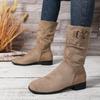 Versatile Metal Buckle Mid-Tube Boots Autumn Fashion Round Head Cow Suede Sleeve Soft Slip Single Boots