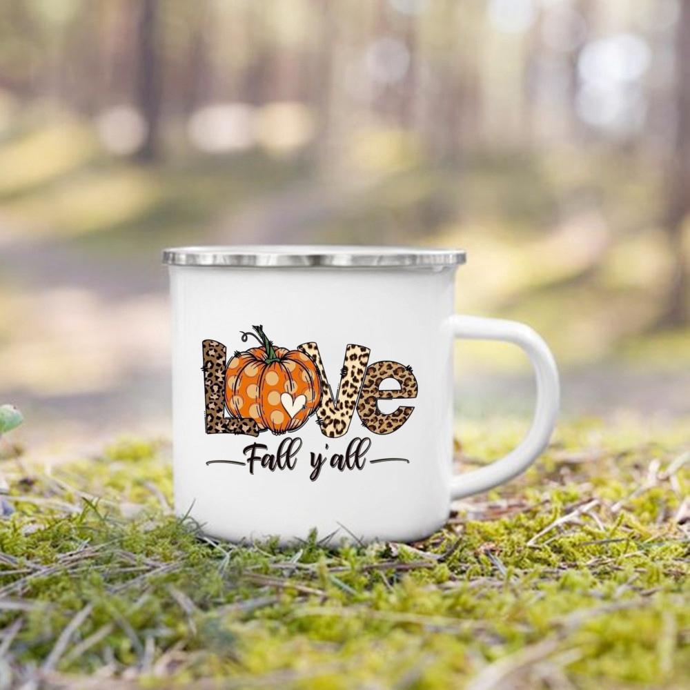 Hello Pumpkin Print Enamel Mugs Coffee Cups Fall Thanksgiving Party Juice Mug Handle Cup Autumn Holiday Gifts for Family Friends