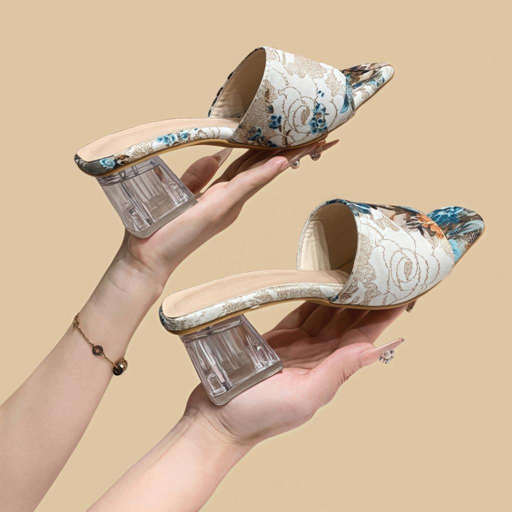 Fashion Retro National Style Trend High Heels Women Slippers Shoes Chunky Sandals Woman Summer Open Toe Flip FlopTransparent Fad Slides