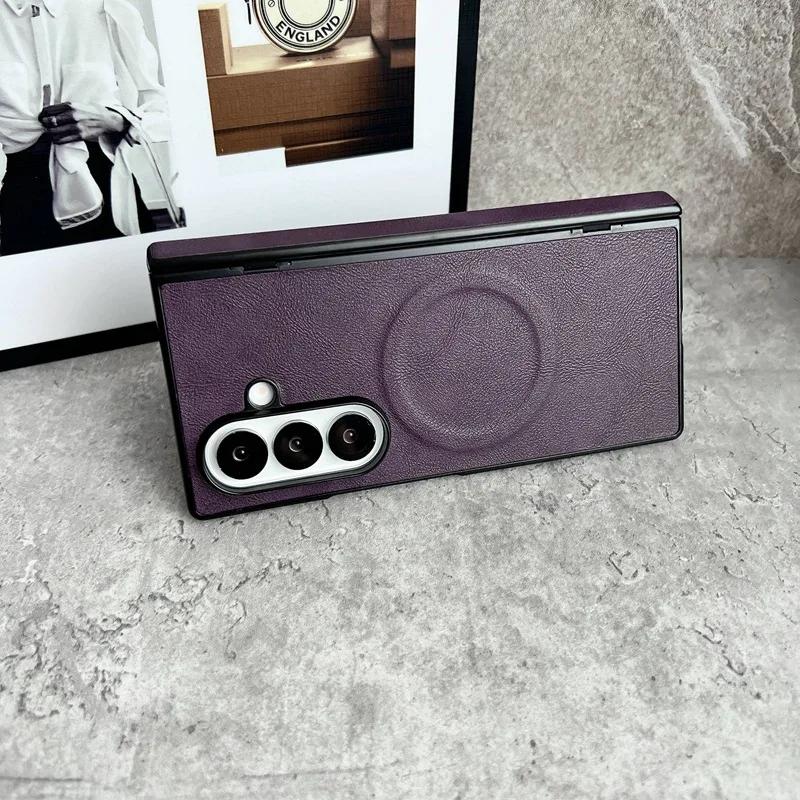 For Samsung Galaxy Z Fold 7 6 5 4 3 Fold7 Fold6 Magsafe Phone Case Film Leather Hinge Folding Wireless Charging Magnetic Cover