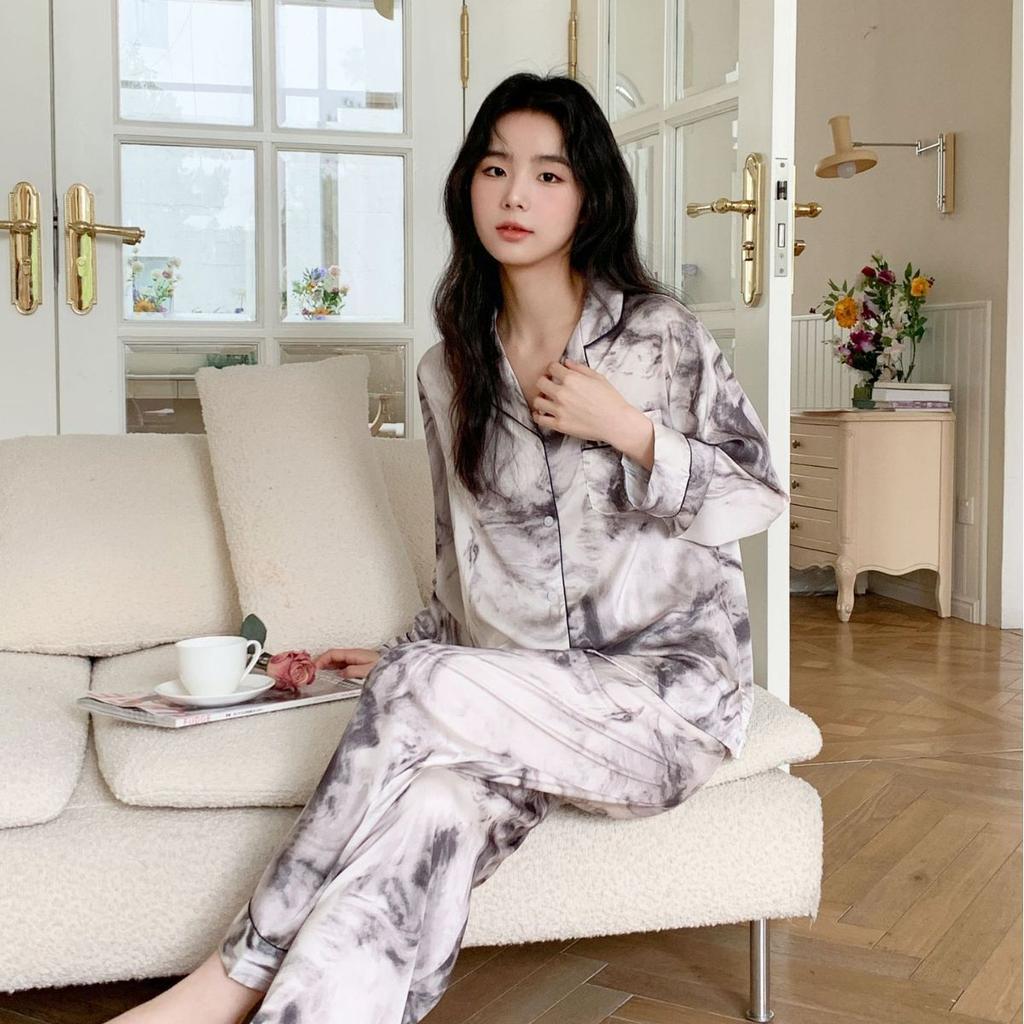 Pajamas Homewear Suit Female Spring and Fall Silk Girls Homewear Long-Sleeved Pants Simulation Silk Pajamas Homewear