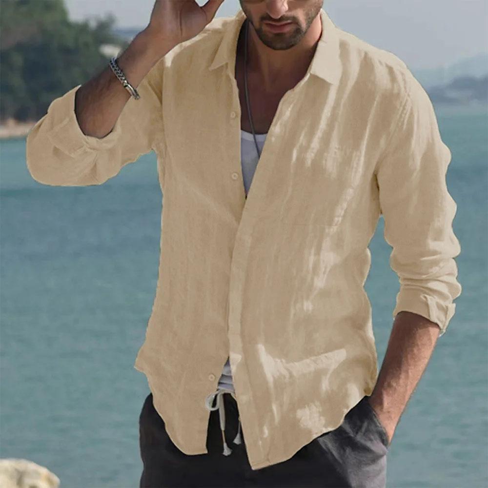 Summer Shirt Beach Cotton Linen Shirts Men Cardigan Tops Long Sleeved Turn Down Collar Slim Fit Large Size