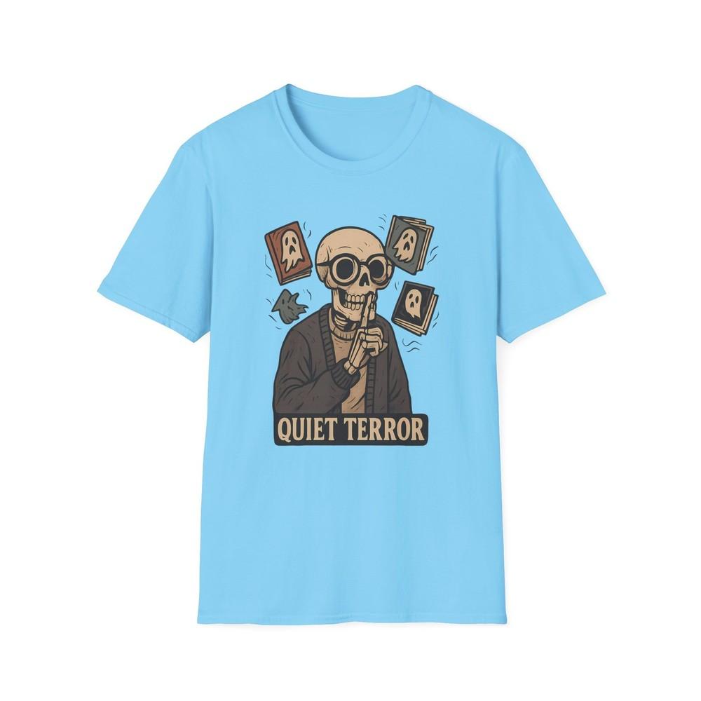

Unisex Softstyle T-Shirt Quiet Terror Funny Skeleton Haunted Book Halloween 4XL