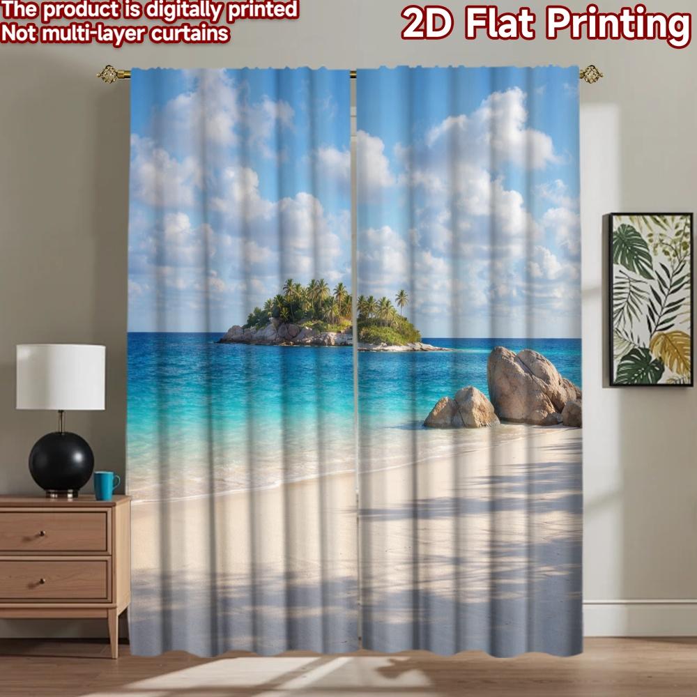2D Flat Printing 2pcs Curtain Scene Curtains Tropical Beach Paradise Digital Printed Polyester Drapes Festive Wall Decor Perfect