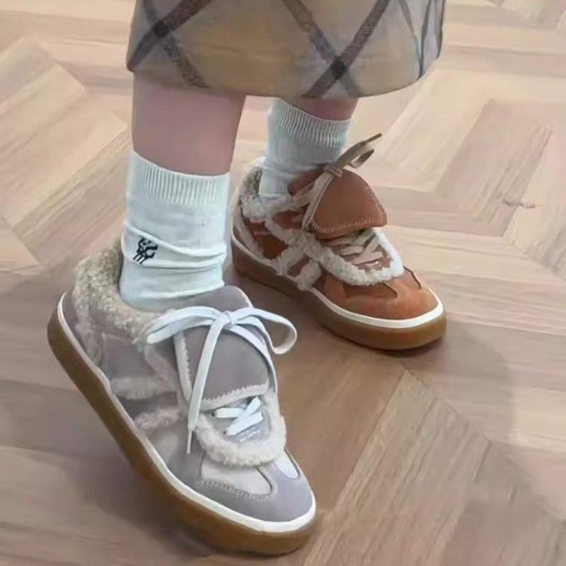 Fashion Women's Flat Sports Shoes Winter New Round Head Splicing Suede Front Lacing Anti-slip Wear-resistant Cotton Boots