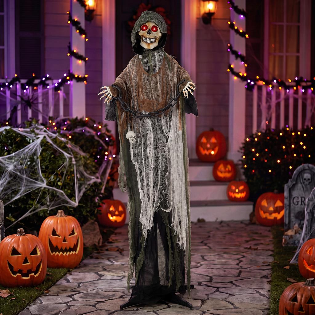 170cm Animated Grim Reaper, Life-Size Halloween Animatronic with Moving Hands/Head, Glowing Eyes, Creepy Sound