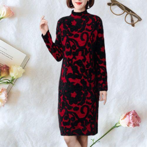 Women's Plus-size Sweater Dress Autumn Winter Fleece Mid-length Straight Knitted Dress Printed Flocking High-neck Skin-friendly Knitted Dress
