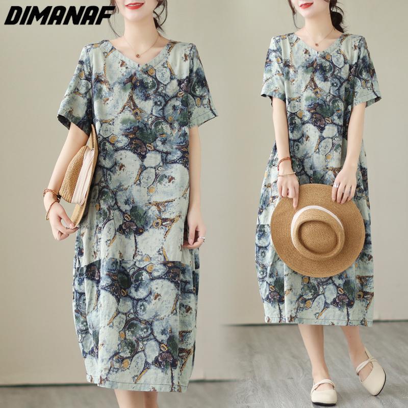 

DIMANAF 2023 Платье больших размеров Лето Женское Льняное Цветочный Принт Свободное Пляжное Повседневное Винтажный Синий