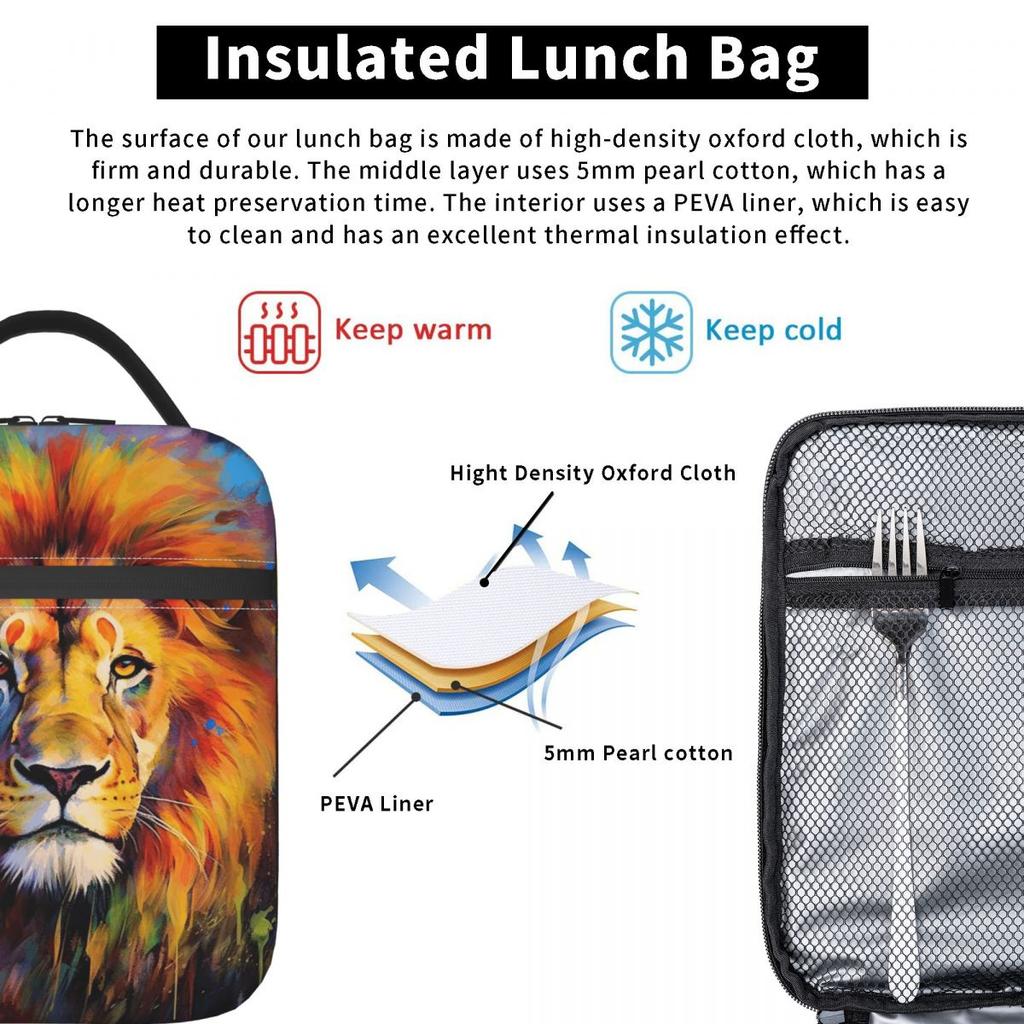Colorful Lion Print Insulated Lunch Bag for Women Children Leakproof Food Boxes Thermal Lunch Box Tote