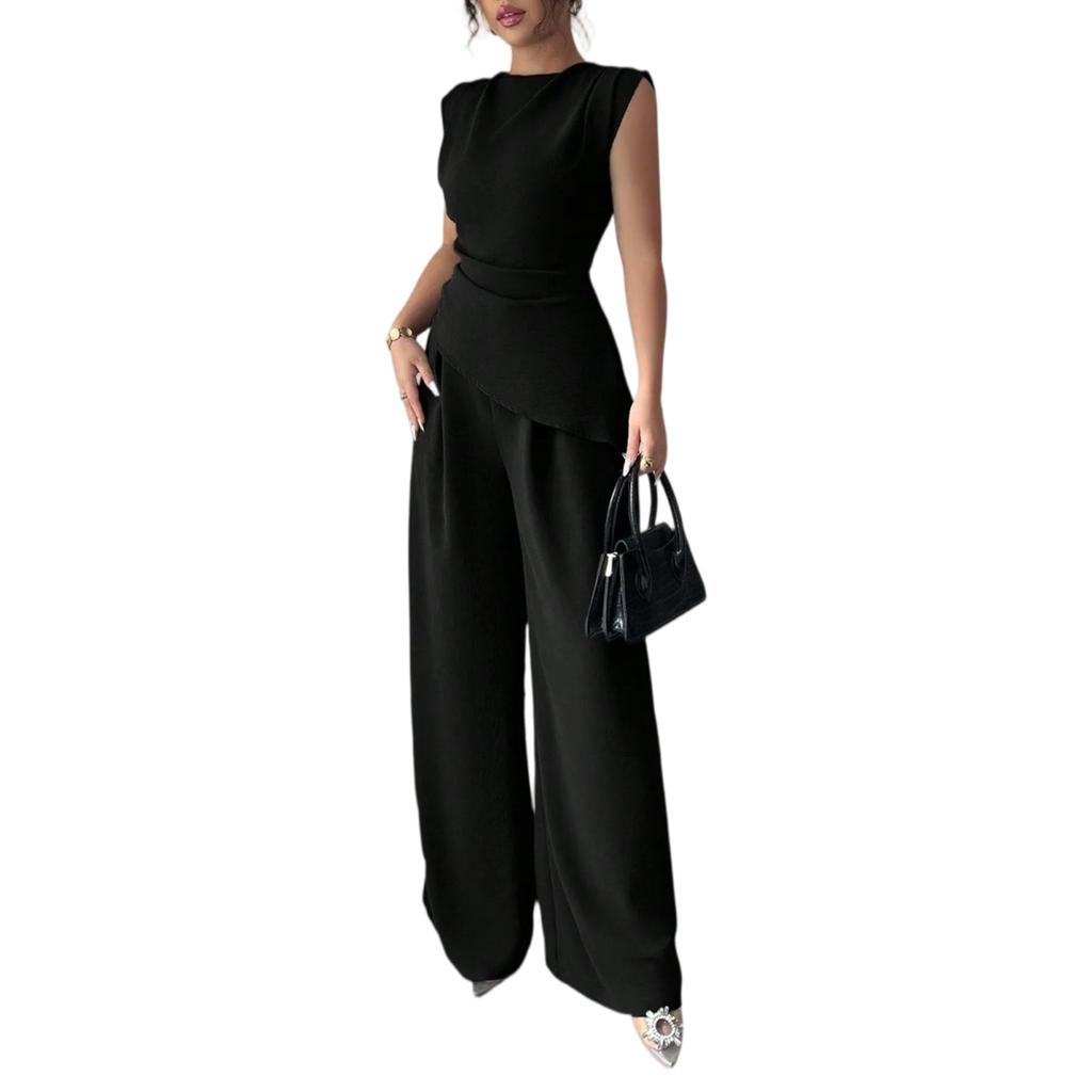 Women's 2-Piece Fashionable Casual Sleeveless Asymmetric Top And Wide-Leg Pants Set