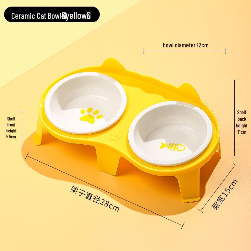 Ceramic Cat Food & Water Bowl with Slanted Design - Protects Cervical Spine, Anti-Tipping, Double Bowl for Feeding & Drinking