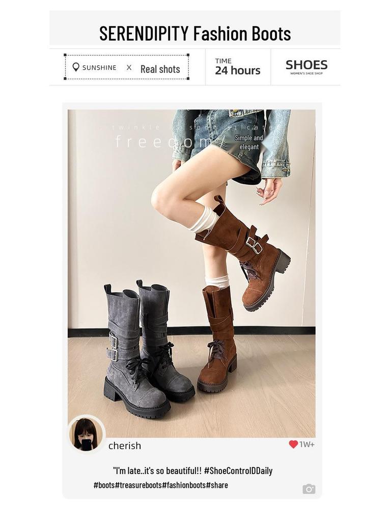 Autumn 2025 Genuine Leather Retro Mid-Calf Buckle Boots - Western Chunky Heel Motorcycle Style