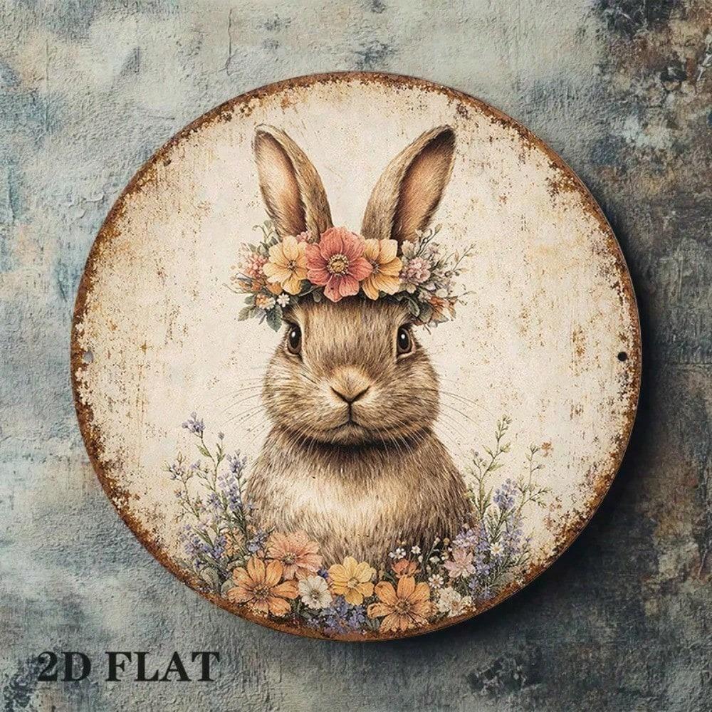 Vintage Rabbit Wreath Wooden Plaque 8x8in Spring Pastoral Wall Art