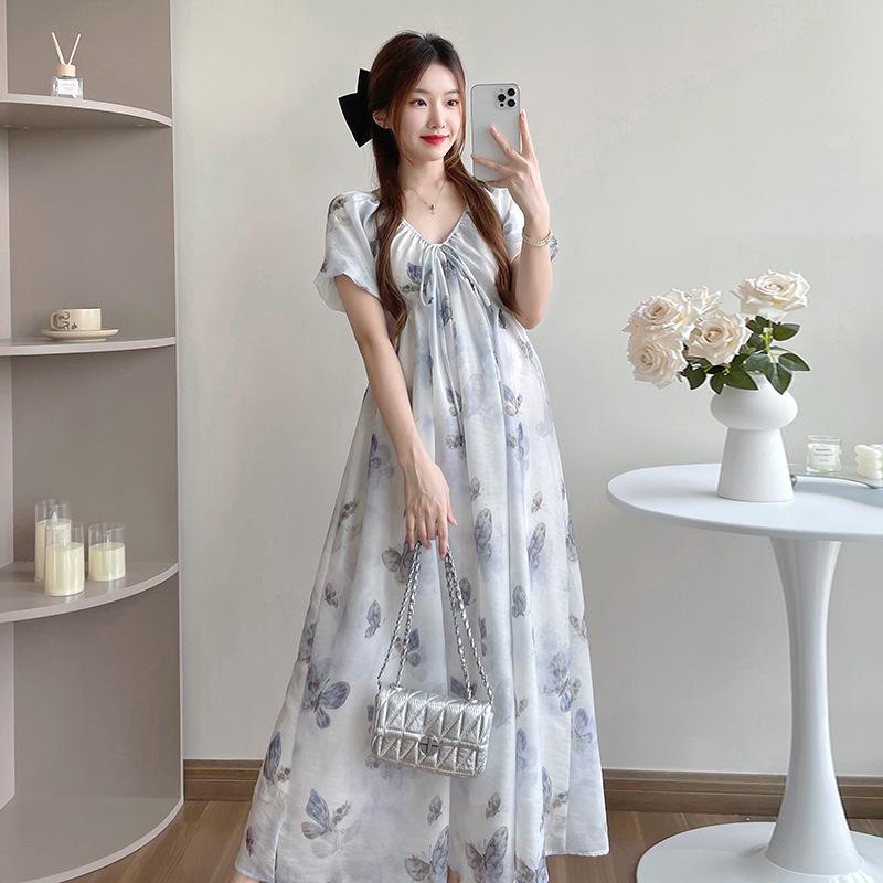 2026 Summer Floral Print Waist-Cinched Long Maternity Dress