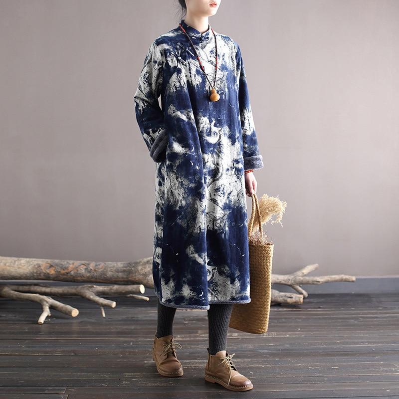 

Johnature женское винтажное бархатное платье со стойкой, свободное платье с цветочным принтом и длинными рукавами, осенне-зимняя лоскутная одежда One Size синий