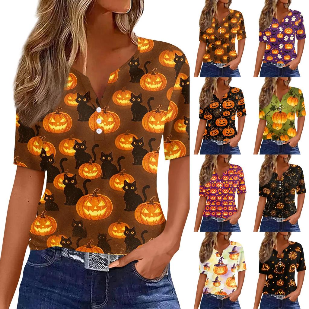 Women's Halloween Print V Neck Short Sleeve Button Front T Shirt Casual Fashion Top for Everyday Wear and Seasonal Events