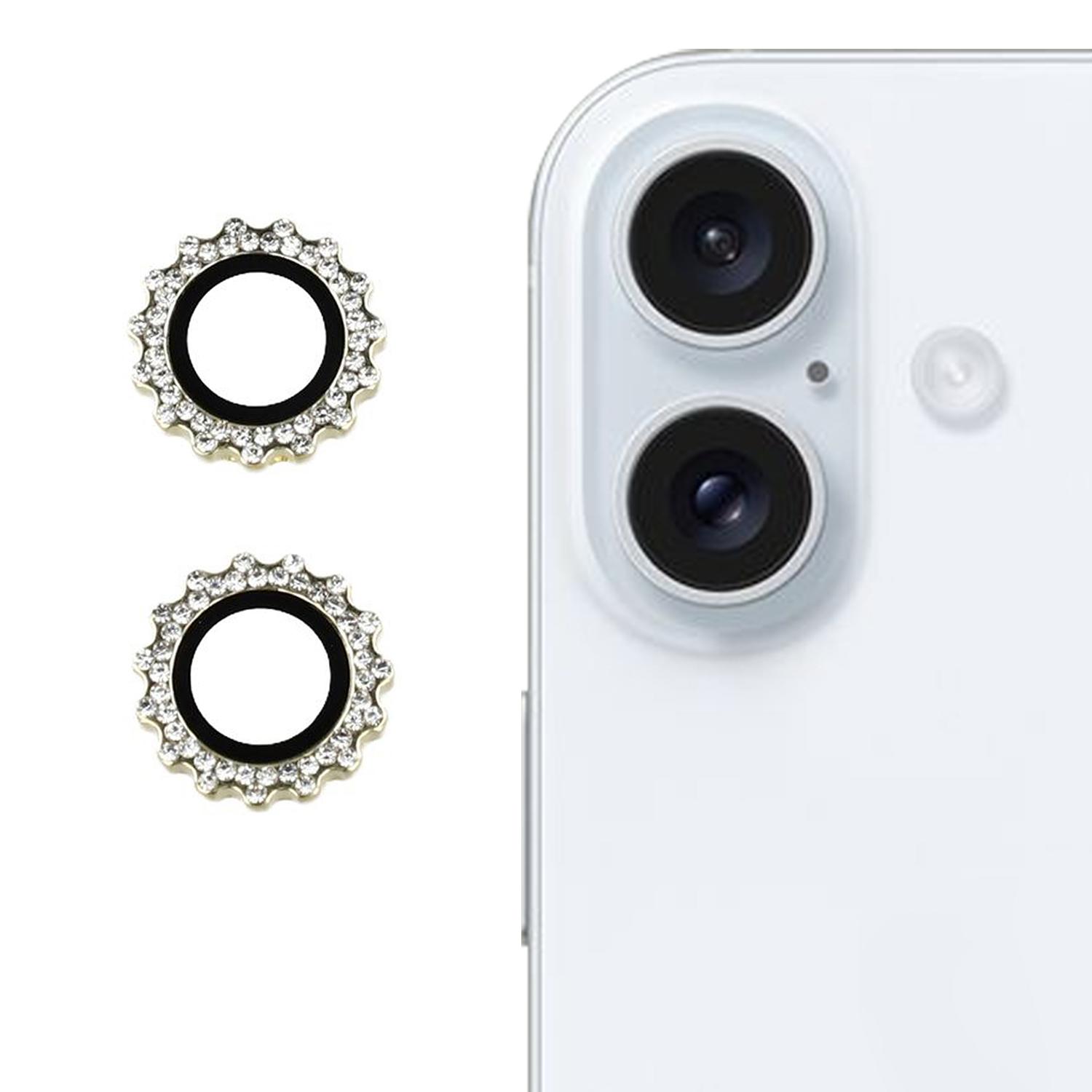 

1Set For iPhone 16/16 Plus Camera Lens Protector Gear Shape Rhinestone Decor Tempered Glass Lens Film Gold