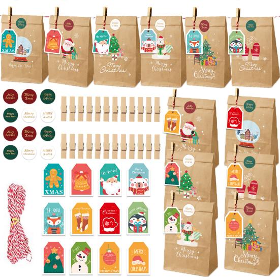 24Pcs/Set Christmas Gift Bag Santa Claus Snowman Deer Pattern Paper Treat Boxes Candy Packaging Festive Goodie Bags Decoration