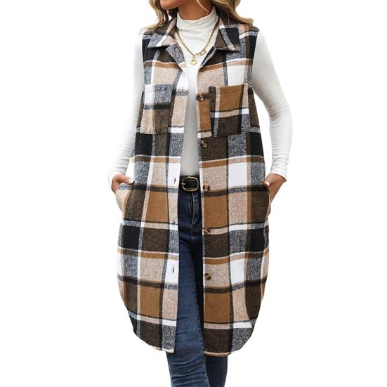 

Женский длинный жилет с нагрудными карманами, клетчатый принт, отложной воротник, однобортный, средней длины, жилет, свободный кардиган, верхняя одежда для ношения на свидания S хаки