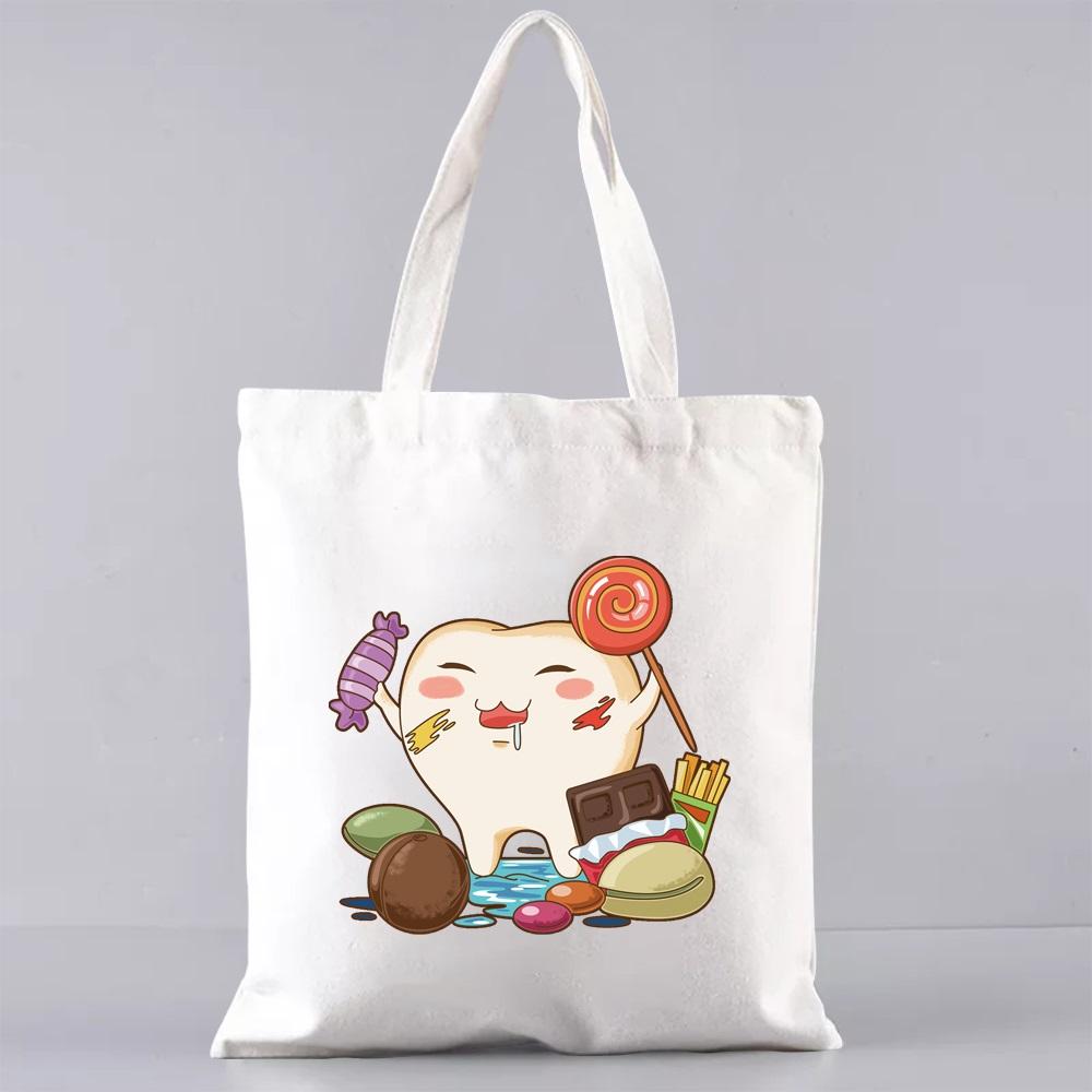 Shopping Bags for Groceries Eco Shoulder Bag  Women Handbags Shopper Reusable Large Capacity Students Books Bag Teeth Pattern