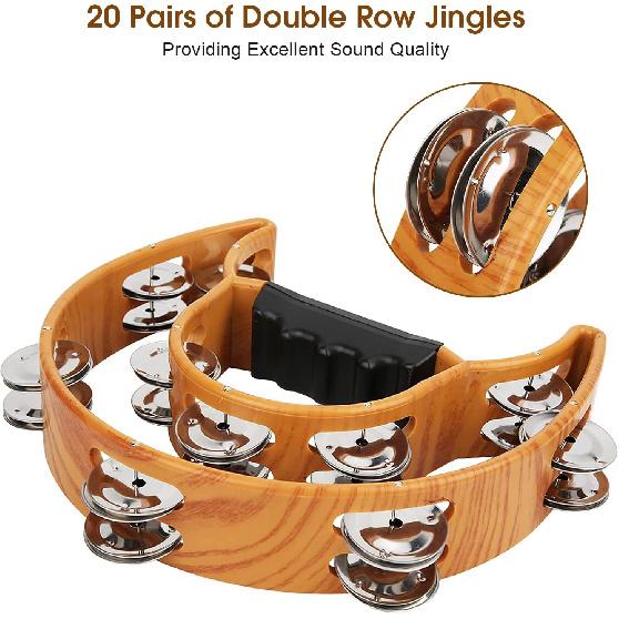 Double Row Jingles, Half Moon Musical Tambourine Double Row Handbell Tambourine Metal Jingles with Ergonomic Grip Percussion Instrument for KTV Party