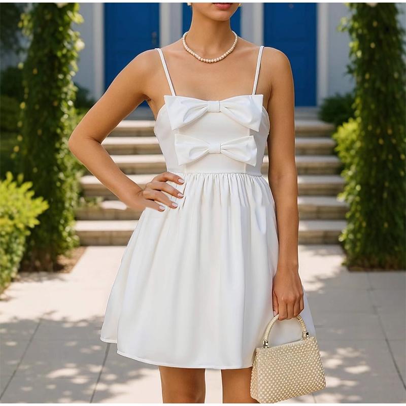 Sexy Schönheit Temperament Taille Persönlichkeit Heißes Mädchen Rotes Trägerkleid Schleife Spitze Shorts Kleid Weiß A-Linie Taillierte Kleider