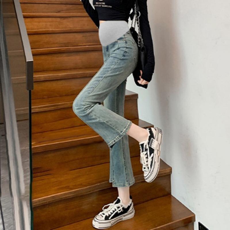 

Брюки для беременных джинсы модные расклешенные брюки летняя одежда повседневные трендовые повседневные брюки для мамы длиной девять точек брюки с поддержкой живота M