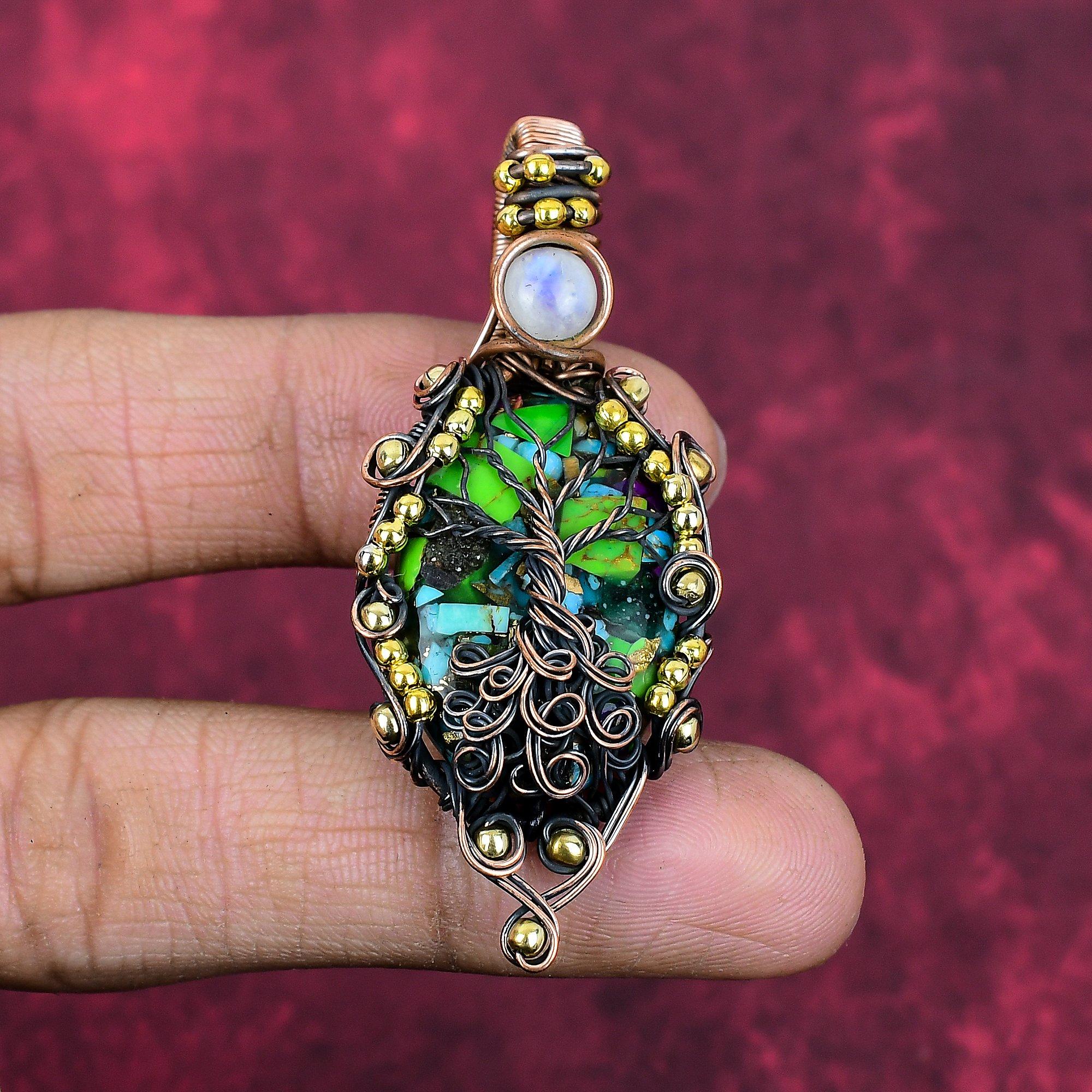 Tree of life fiesta kingman turquoise pendant copper wire wrapped gemstone jewelry multi copper turquoise pendant handmade moonstone jewelry