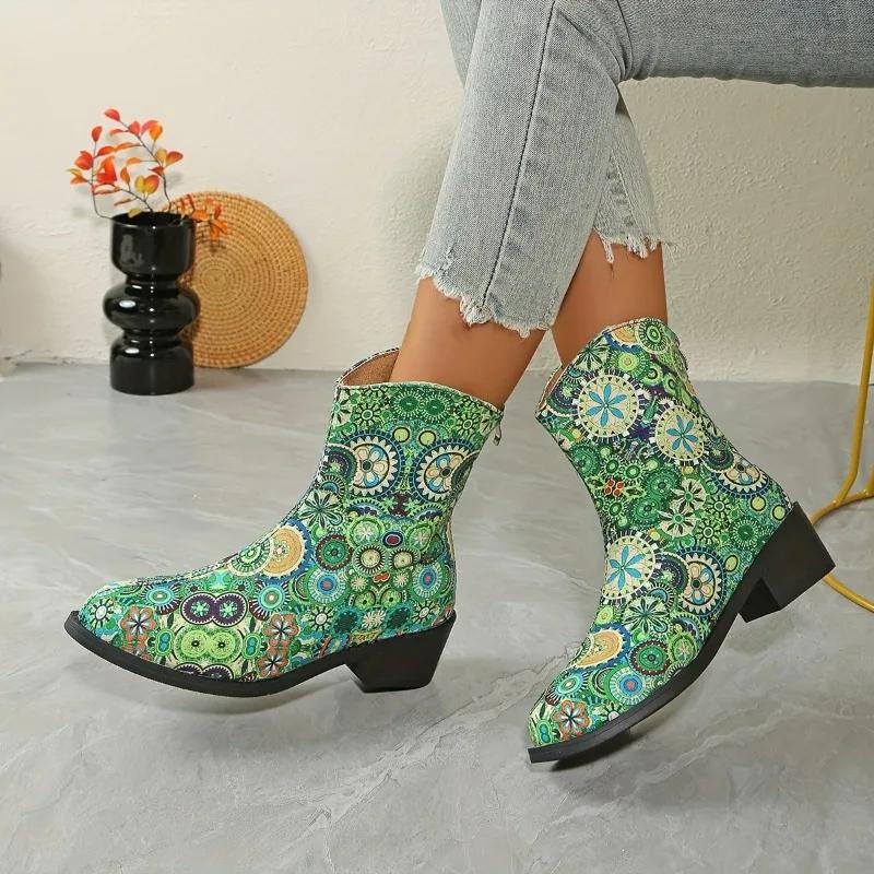 

Модные осенние ковбойские сапоги большого размера в западном стиле, винтажные, с острым носком, с принтом, на блочном каблуке, нескользящие, до щиколотки 36