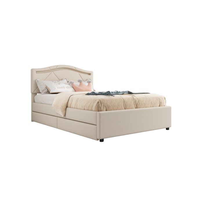 Lit rembourré - MUVOE - 90x200 cm - Beige - Éclairage LED télécommandé - 2 tiroirs de rangement