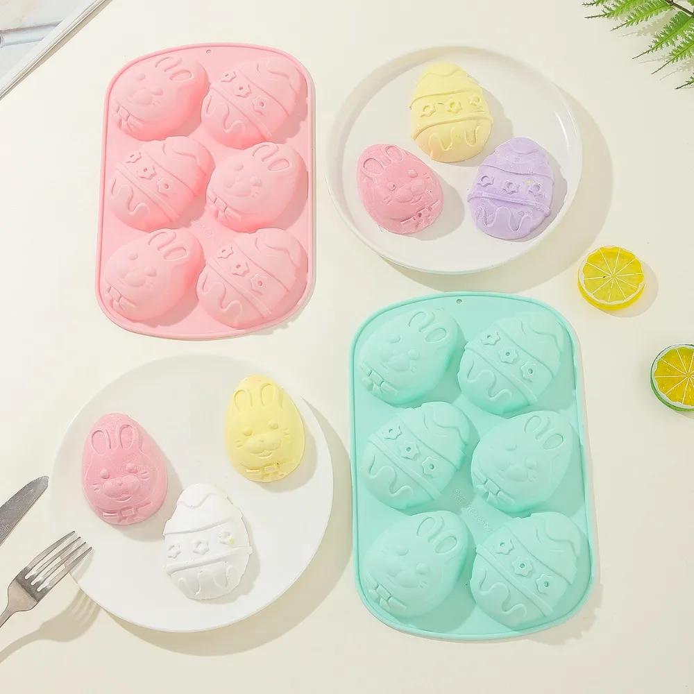 6 Holes Easter Egg Chocolate Molds Easy Demold Rabbit Face Mousse Cake Silicone Moulds Animal Gypsum Bunny Candle Festival Gifts