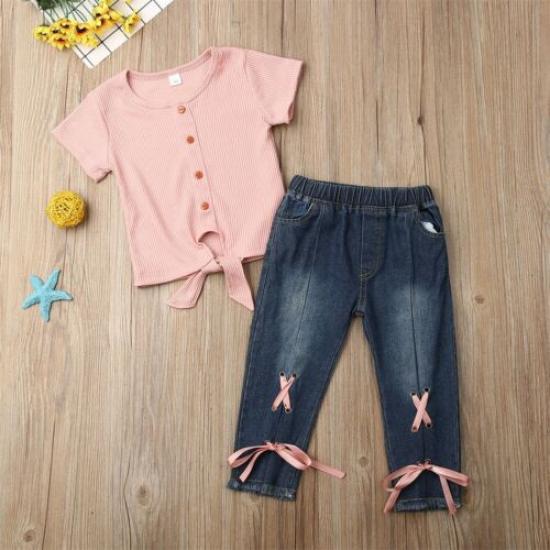 Toddler Kid Baby Girl Ruffle Stripe Tops Blouse Denim Pants Jeans Outfit Clothes