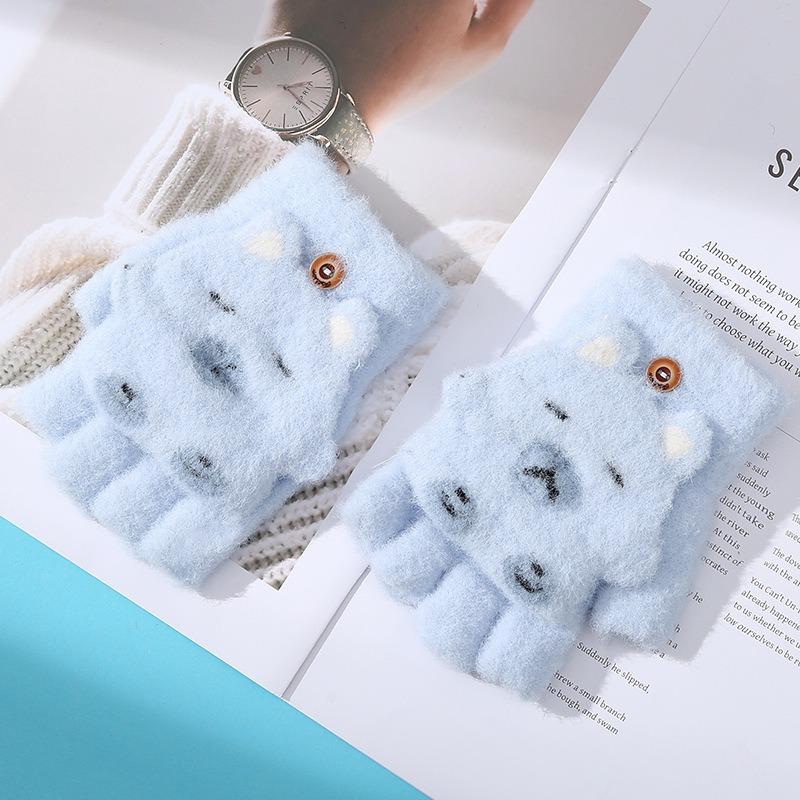 

Мультяшные милые свинки детские варежки с открытыми пальцами, теплые, зимние, холодостойкие, для учеников начальной школы, для письма, для велоспорта, вязаные Recommended for 8-12 years old синий