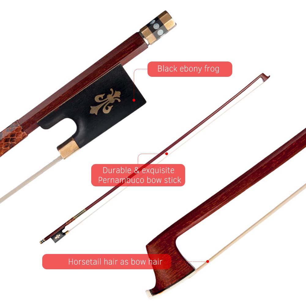 Violin Bow (Pernambuco Bow Stick Black Ebony Frog and Horsetail Bow Hair) for 4 4 Full Size Violin
