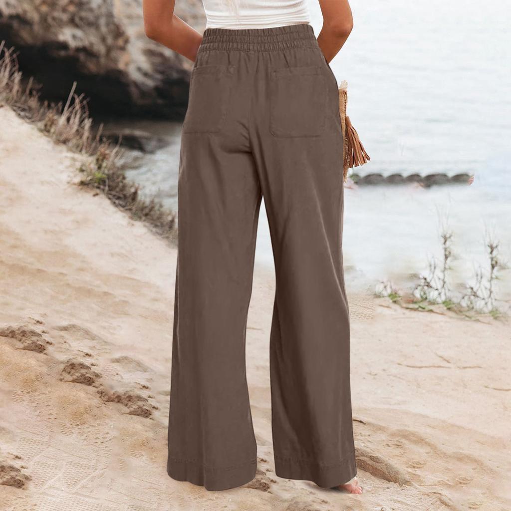 Pantaloni in Cotone e Lino, Pantaloni Estivi a Gamba Larga Casual Larghi a Vita Alta a Gamba Larga con Tasche