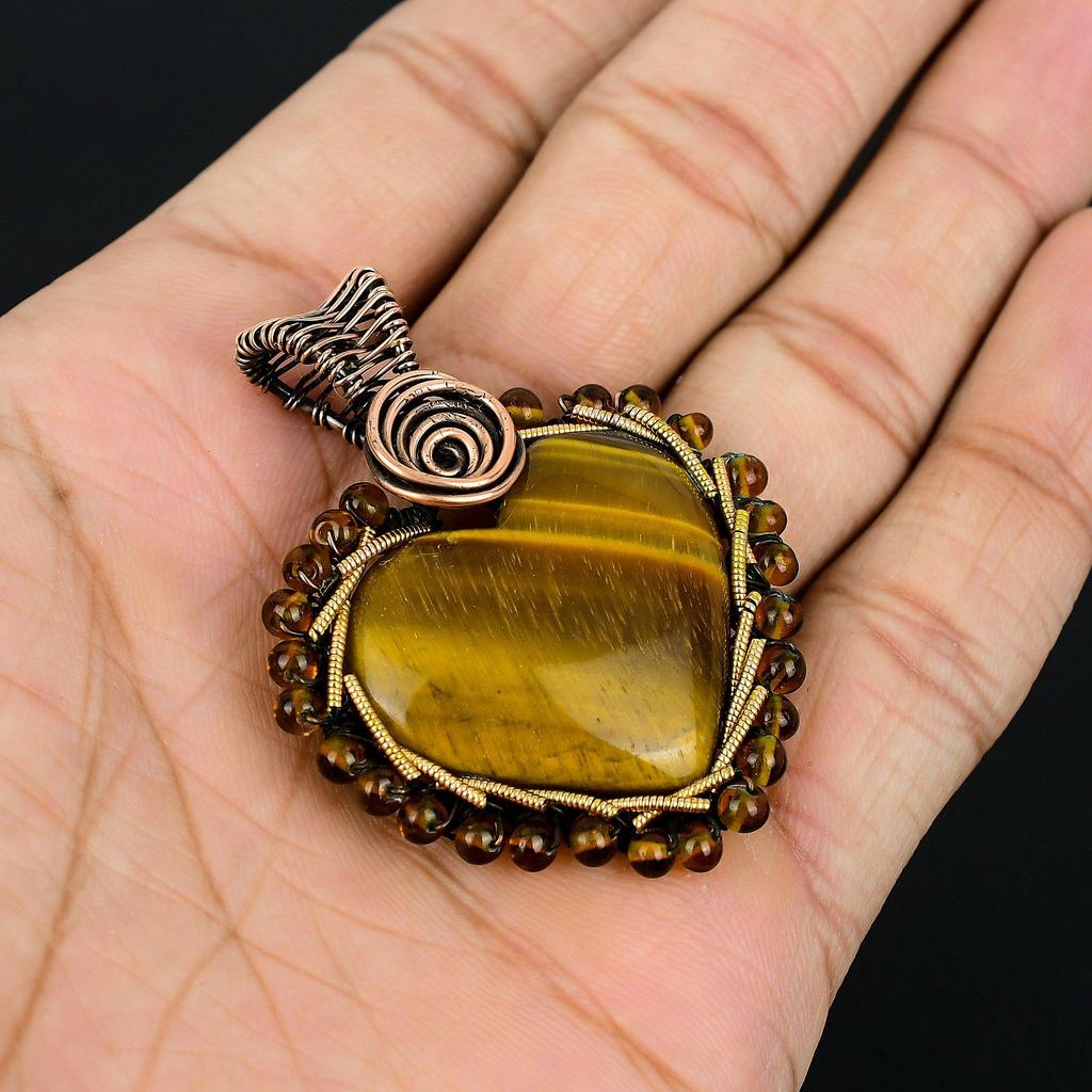 Heart Shape Tiger Eye Gemstone Handmade Copper Wire Wrap Jewelry Pendant For Love