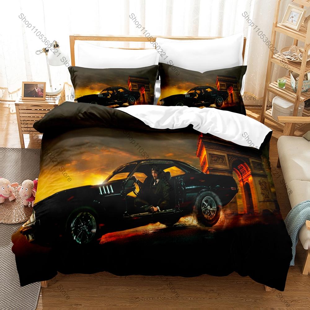 Moody Black Gold John Wick Character Print Duvet Cover + 2 Pillowcases Twin Full Queen King Movie Bedding Set