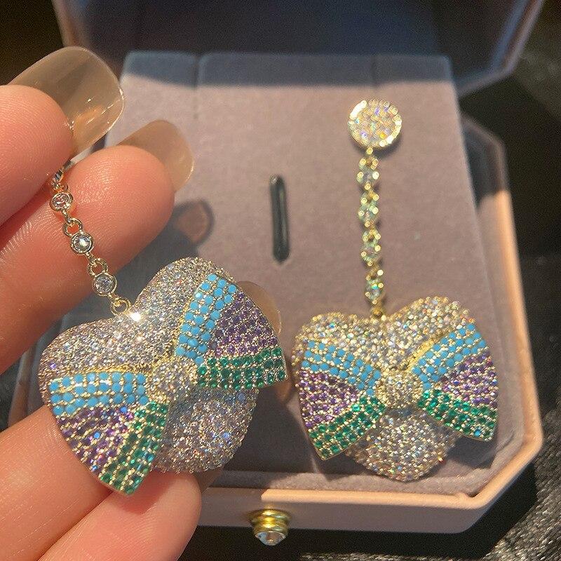 Korean Popular Women's Earrings Bow Love Pink Girly Earrings Micro-set Cubic Zirconia Long Shiny Dangle Earrings Wholesale