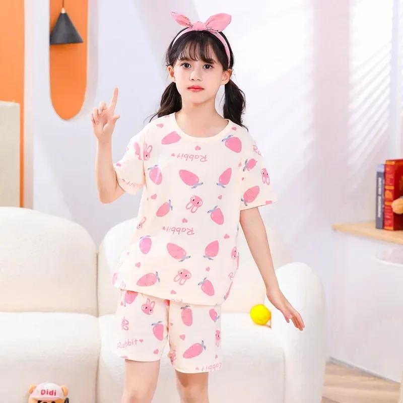 Teens Baby Girl Pajamas Summer Short Sleeved Children's Clothing Sleepwear Cotton Pyjamas Sets for Kids