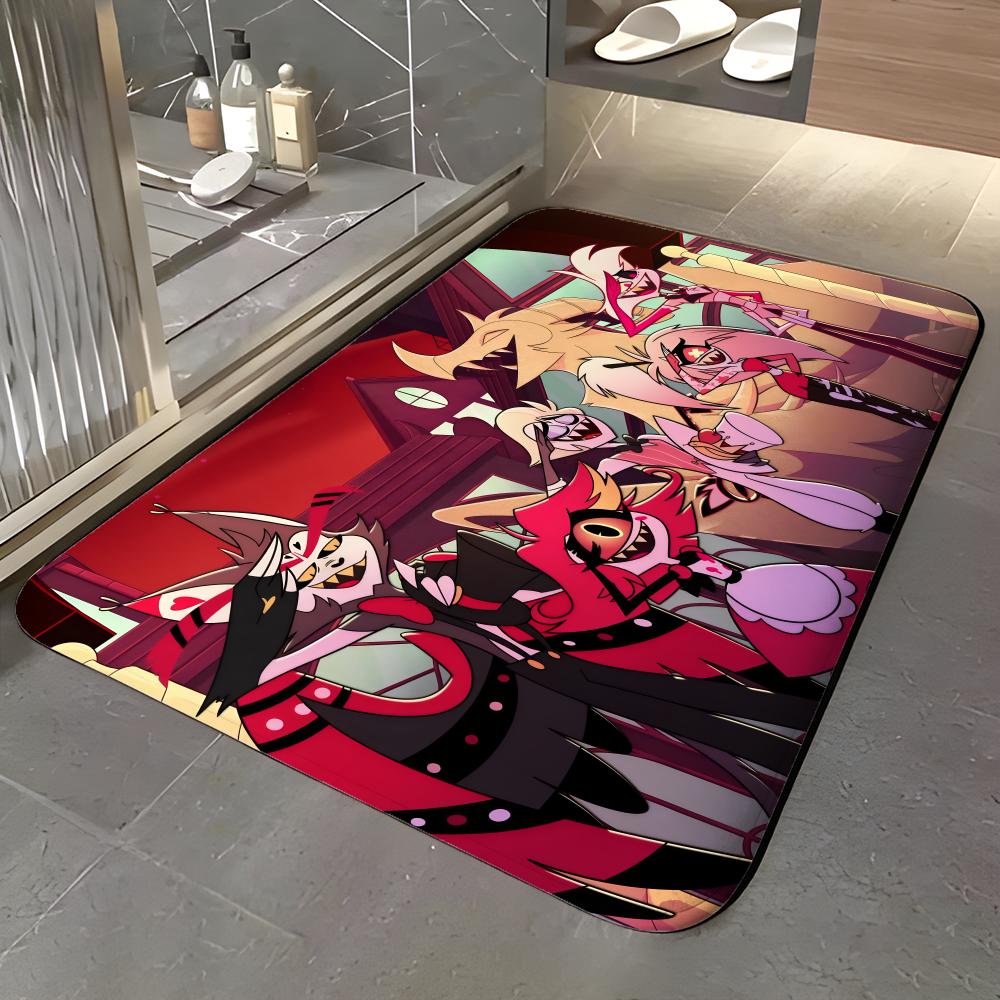 show H-Hazbin Hotel Floor Mat Soft Flannel Entrance Door Mat Non Slip Absorbent Bathroom Bedroom Floor Rug